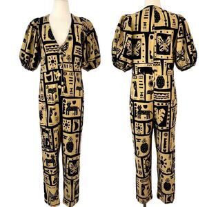 FARM Rio Linen Button-Down Jumpsuit Short Balloon Sleeve Beige/Black S